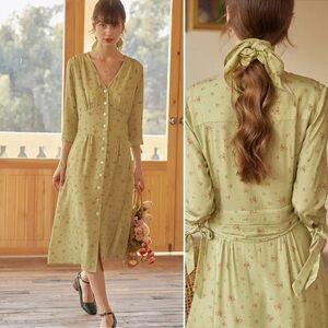 Rosalina Floral Midi Tea Dress - Green size L